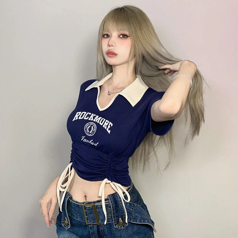 Drawstring Tie Up Crop Tops, Turndown Collar Graphic Short Sleeved Top