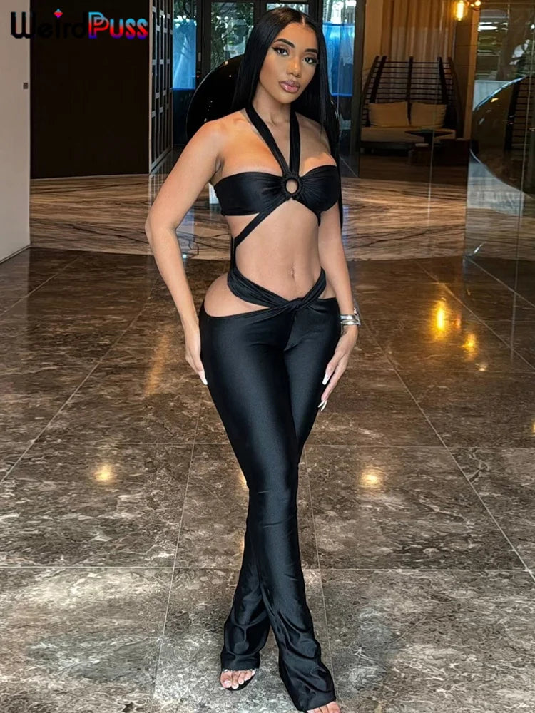 2 Piece Set, Cross Wrapped Camisole+Ruched Hollow Leggings