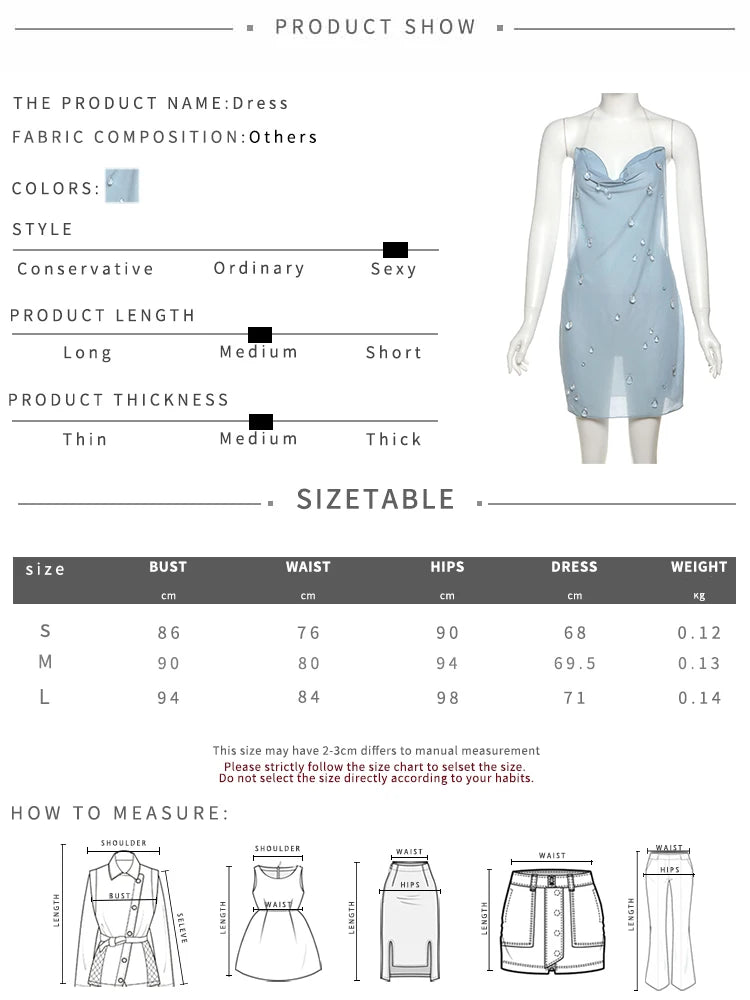 Weird Puss Small Raindrops Decoration Dress Women Halter Low-Neck Sexy See Through Backless Hottie Street Hipster Mini Bodycon
