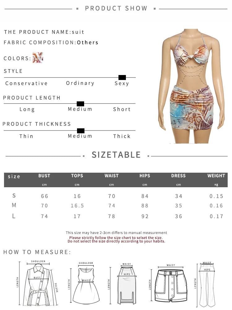 Weird Puss Backless Women Dress Pearl Chains Knot Wrap Summer Tie Dye Print Halter Bandage Backless Skinny Party Mini Bodycon