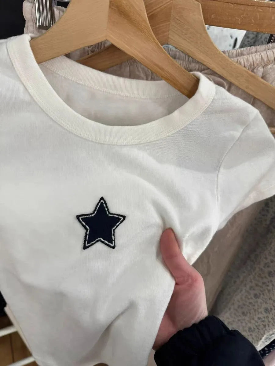 Sweet Star Appliques Slim Crop Top ladies Round Neck Y2K Tops