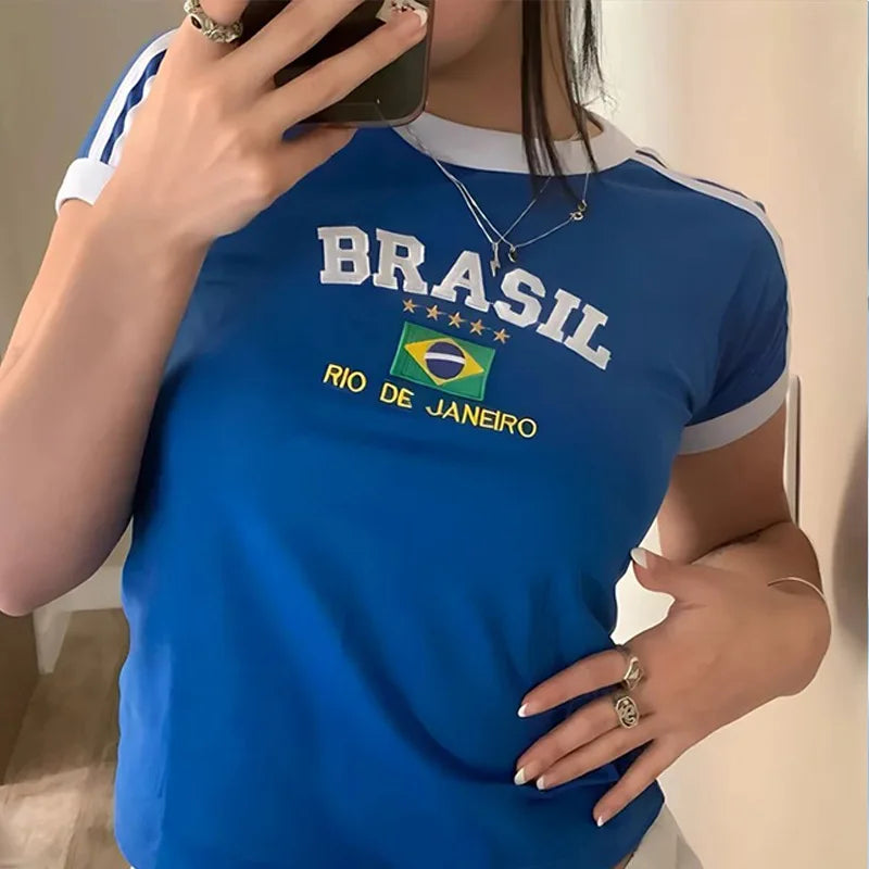 Aesthetic BRASIL Letter Print T-Shirt and Shorts Suit, Vintage Grunge  Short Sleeve Baby Tees, Summer Crop Top Y2k Clothe