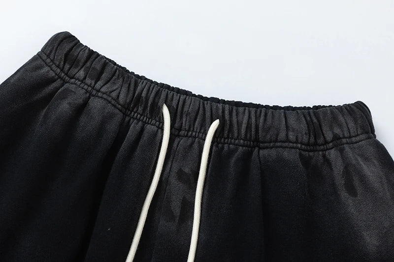 RRR123 2024 New Sports Shorts Heavyweight Washed Graffiti Print Vintage Drawstring Capris Casual High Street Loose Curled Y2K
