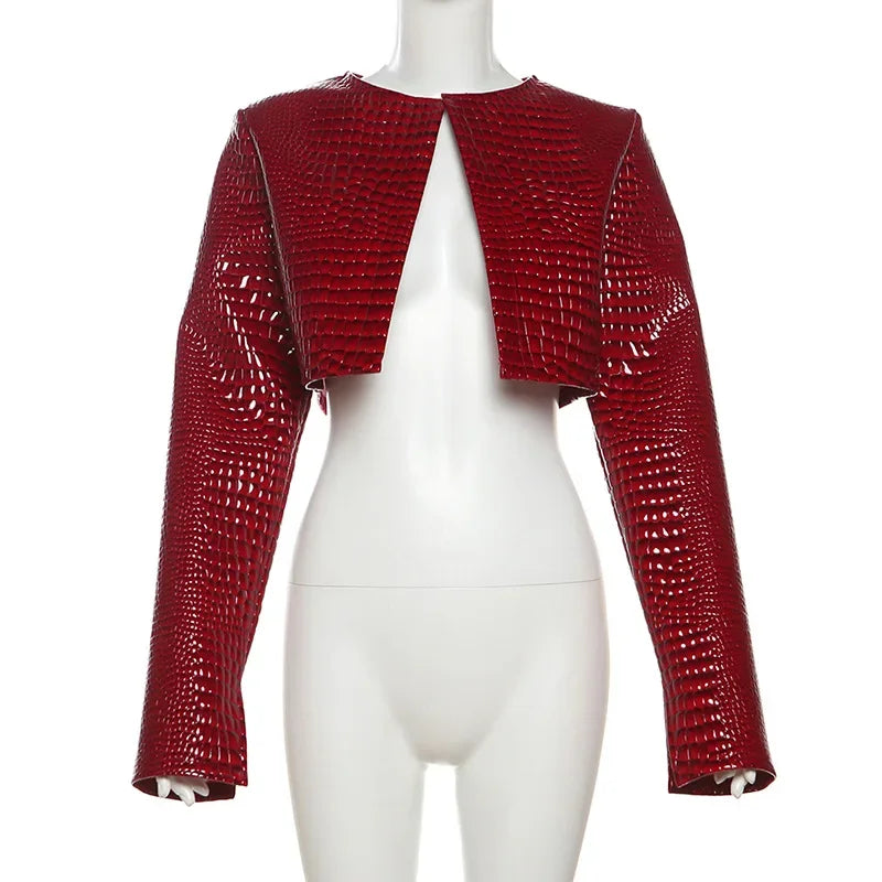 HLJ&GG Fashion Y2K Leather Snake Jacket Coat Three Piece Sets Women Lapel Long Sleeve Crop Top+Shorts Outfits Trend Streetwear