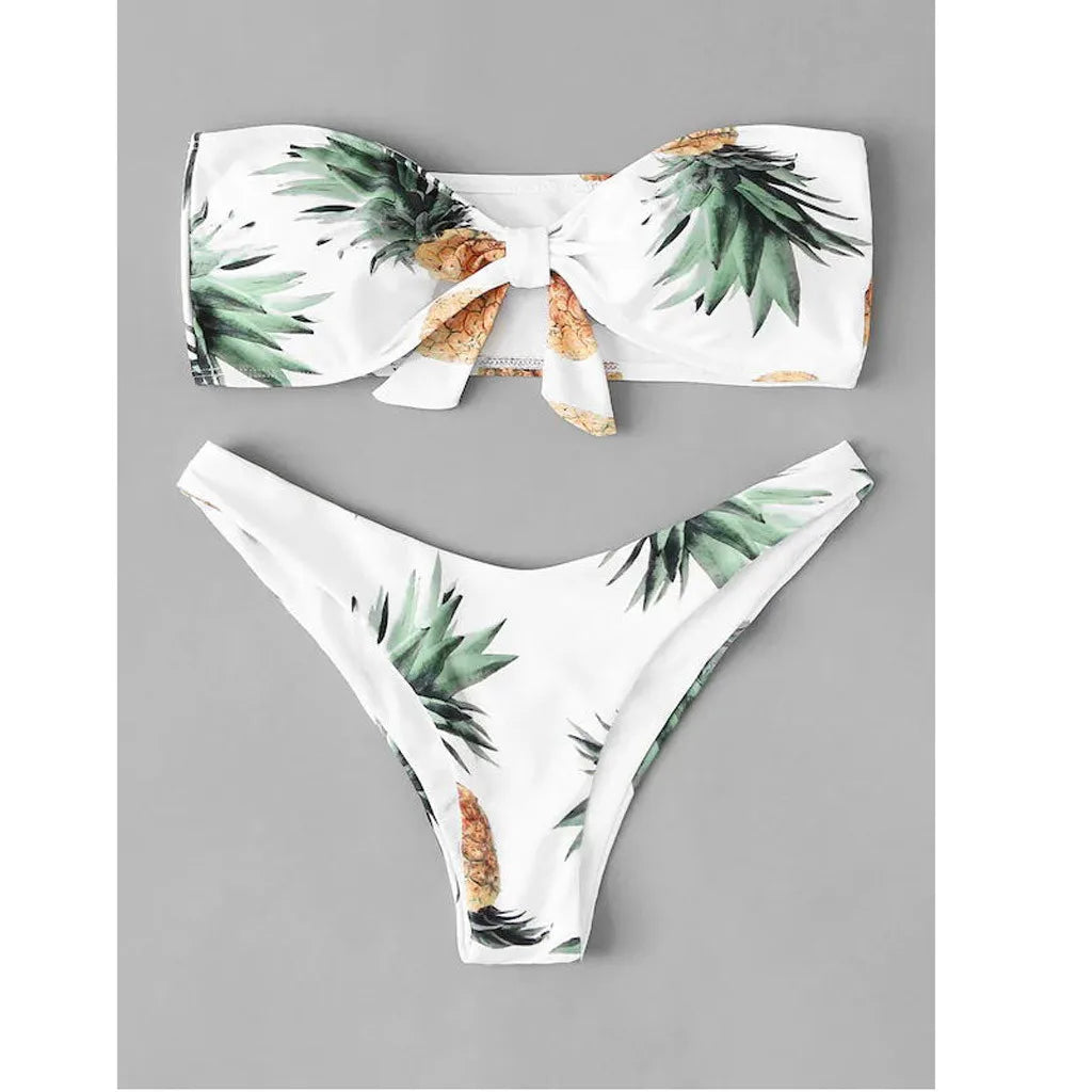 2024 Summer Women Bikini Set Trendy Sexy Solid Flower Printed Strapless Low Waist Swimsuit Beach Style Bathing Suit