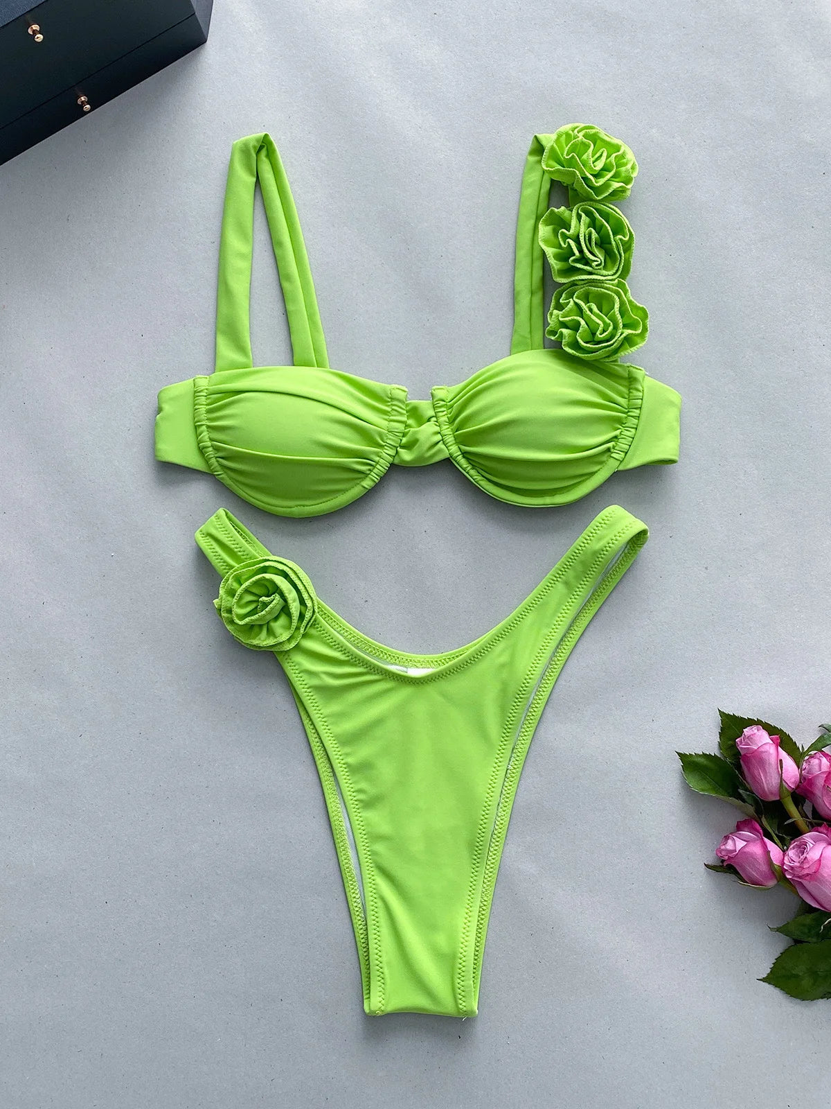 Sexy Solid Backless Floral Bikini  Set Women Split Swimsuit High Waist Beach Bikini 2025 New Summer Swimwea Bikinis Set