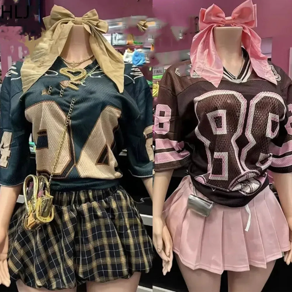 HLJ&GG Pink A-line Pleated Skirts Fashion Two Piece Sets Women Letter V Neck Short Sleeve Loose Tshirt And Mini Skirts Outfits