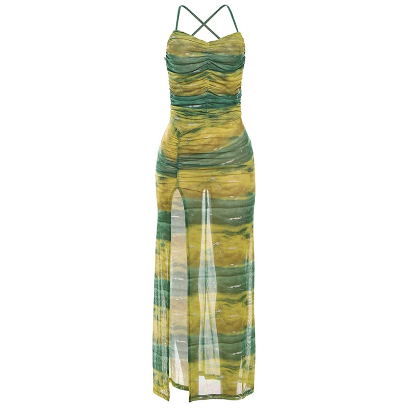 Weird Puss Gradient Backless Dress Women Halter See Through Ruched Summer Trend Split Long Bodycon Coquette Bandage Vestidos