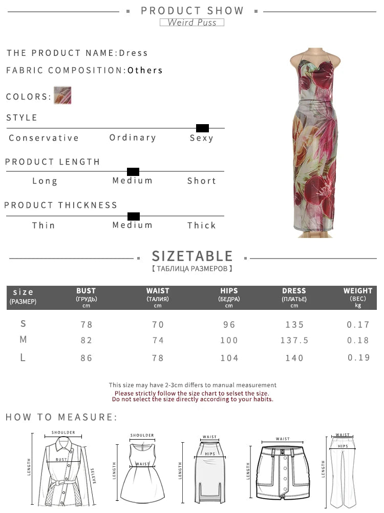 Weird Puss Bead Chain Halter Dress Y2K Floral Print Elegant Sexy Swing Collar Backless Birthday Midnight Party Split Maxi Bodyco