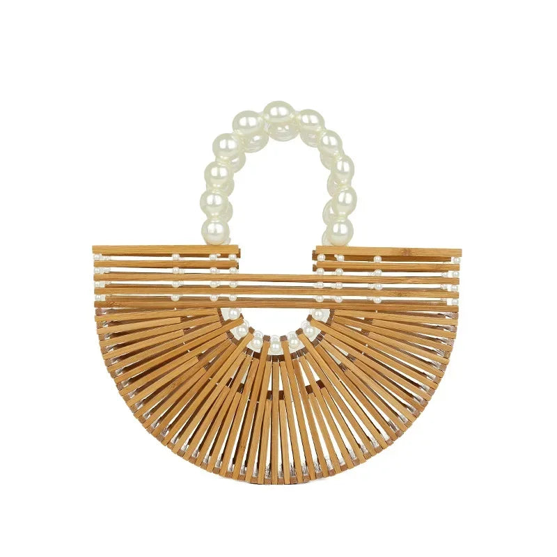 Women's Hand - Woven Bamboo Bag | Bamboo Woven Basket Style, Beach Vacation Essential, Handheld Bucket Design