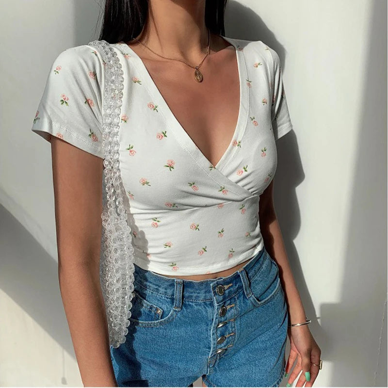 Y2K Vintage Floral Cross Crop Top, Slim Short Sleeve V-neck