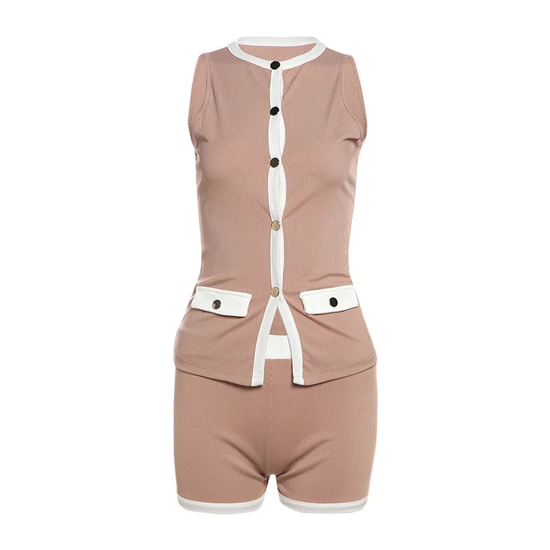 Weird Puss Ribbed Patchwork 2 Piece Set Women Single-Breasted Sleeveless Tops+Stretch Shorts Daily Casual Trend Classic Outfits