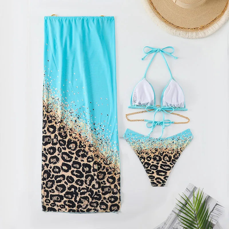 New Sexy Print Halter Swimwear,  Swimsuit Three-pieces Bikini Set Bather Bathing Suit Swim Lady