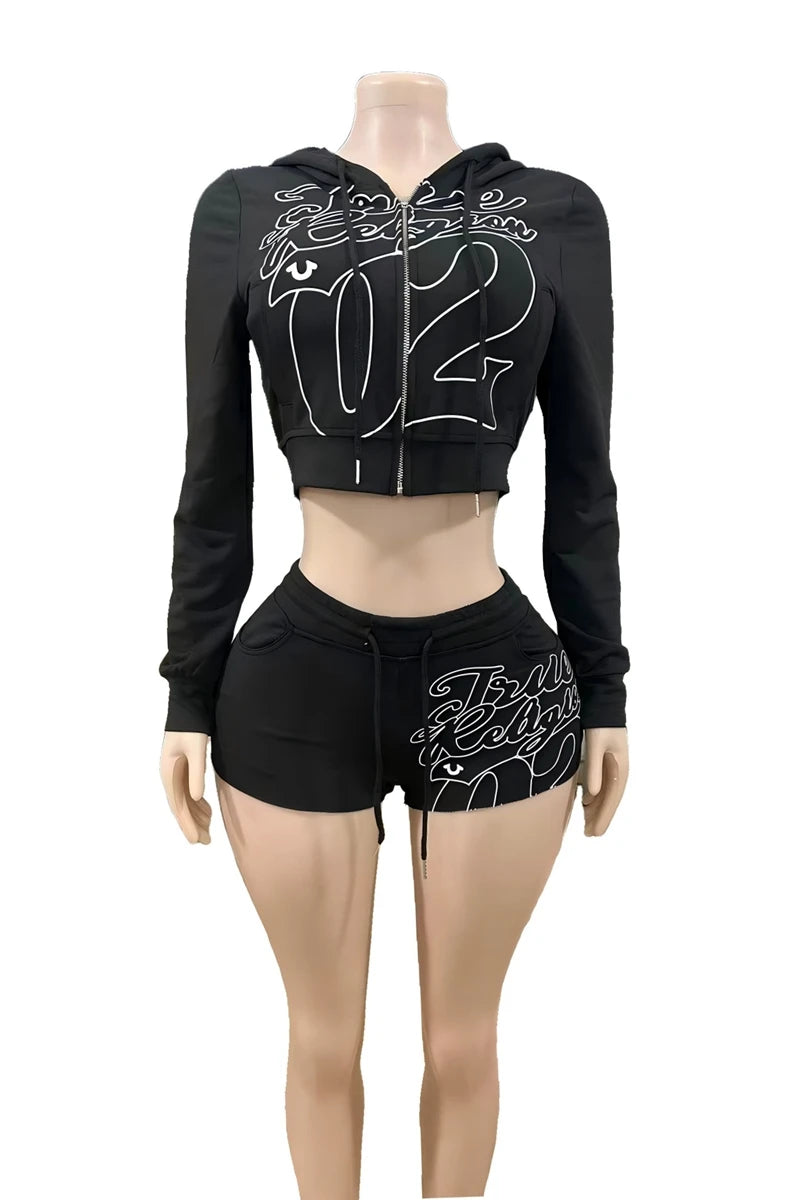 STYLISH LADY Letter Printed Sporty 2 Piece Set Women Long Sleeve Zipper Hoodies Crop Top and Shorts Suits 2025 Autumn Tracksuits