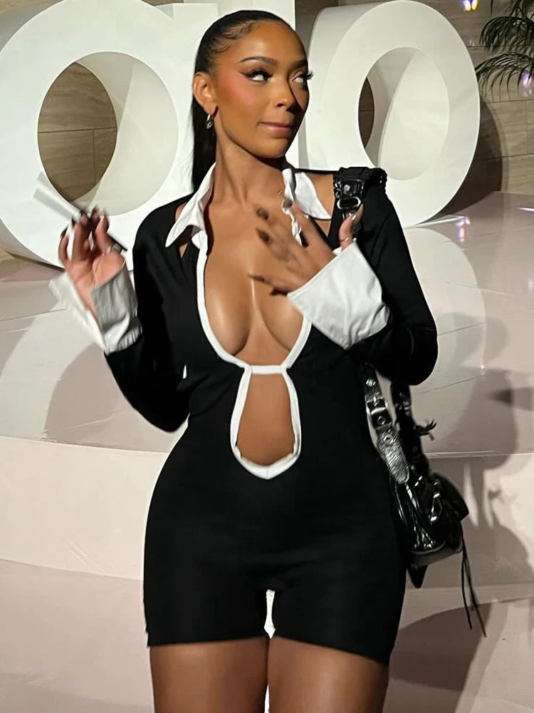 Weird Puss Hollow Backless Women Playsuits Bandage Polo Neck Full Sleeve Skinny Contrast Color Hipster High Street Sexy Romper