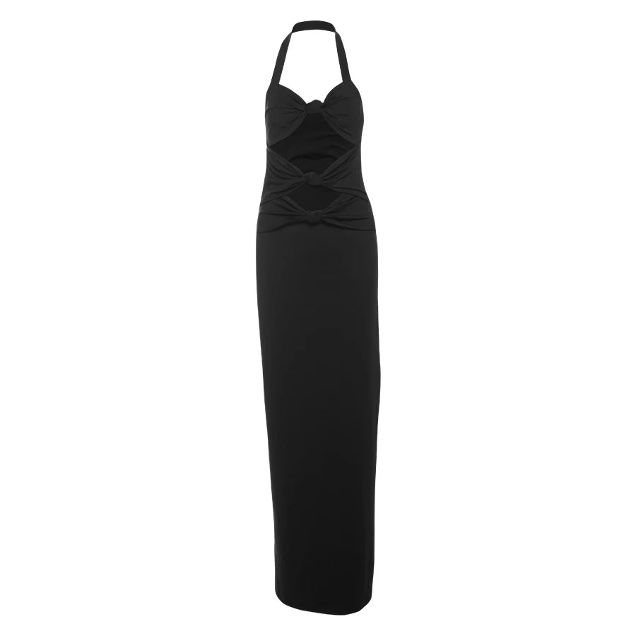 Weird Puss Backless Hollow Dress Women Pleated Sexy Solid Slim Halter Knot Sleeveless Elegant Midnight Clubwear Party Vestidos