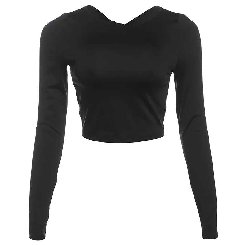 Y2K Backless Crop Tops Autumn Trend O-Neck Solid Long Sleeve Simple Causal Skinny Stretch Streetwear Basic Top
