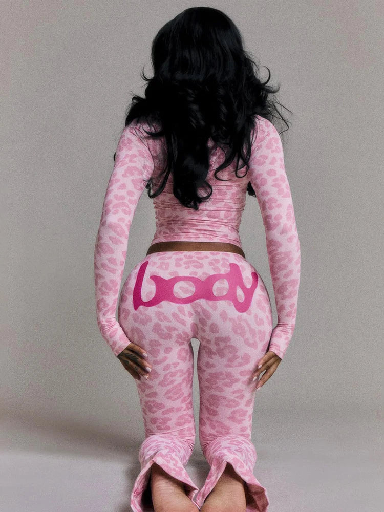 Weird Puss Leopard Print 2 Piece Set Women Tracksuit Letter Zip Hooded Crop Jacke+Leggings Matching Casual Sporty Street Outfits