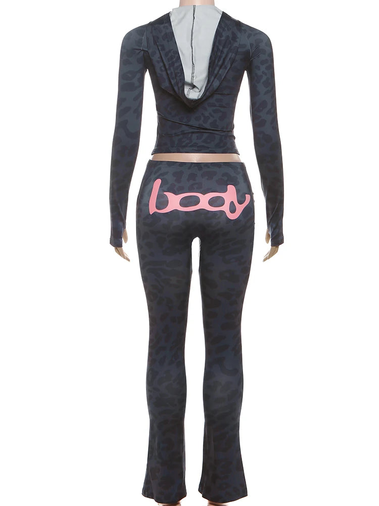 Weird Puss Leopard Print 2 Piece Set Women Tracksuit Letter Zip Hooded Crop Jacke+Leggings Matching Casual Sporty Street Outfits