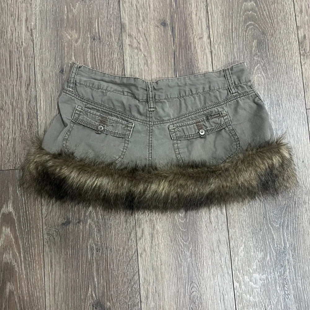Y2K Vintage Khaki Raw Edge Cargo Skirt Harajuku Hottie Low Waist Mini Skirt Gothic Casual Cross Graphic Embroidery Short Skirt