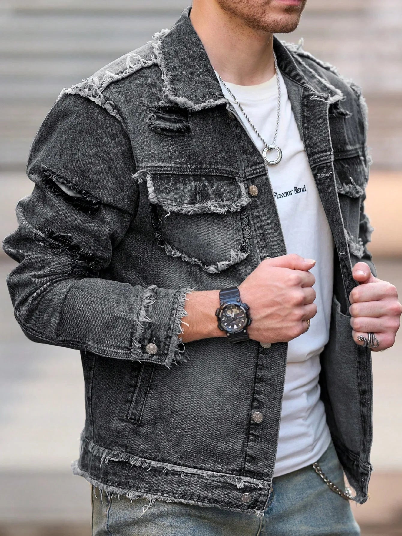 1pc Men's U2K Minimalist Style Ripped Raw Edge Ripped Casual Denim Jacket, Stylish Design for Everyday Wear Flight Jacket Denim