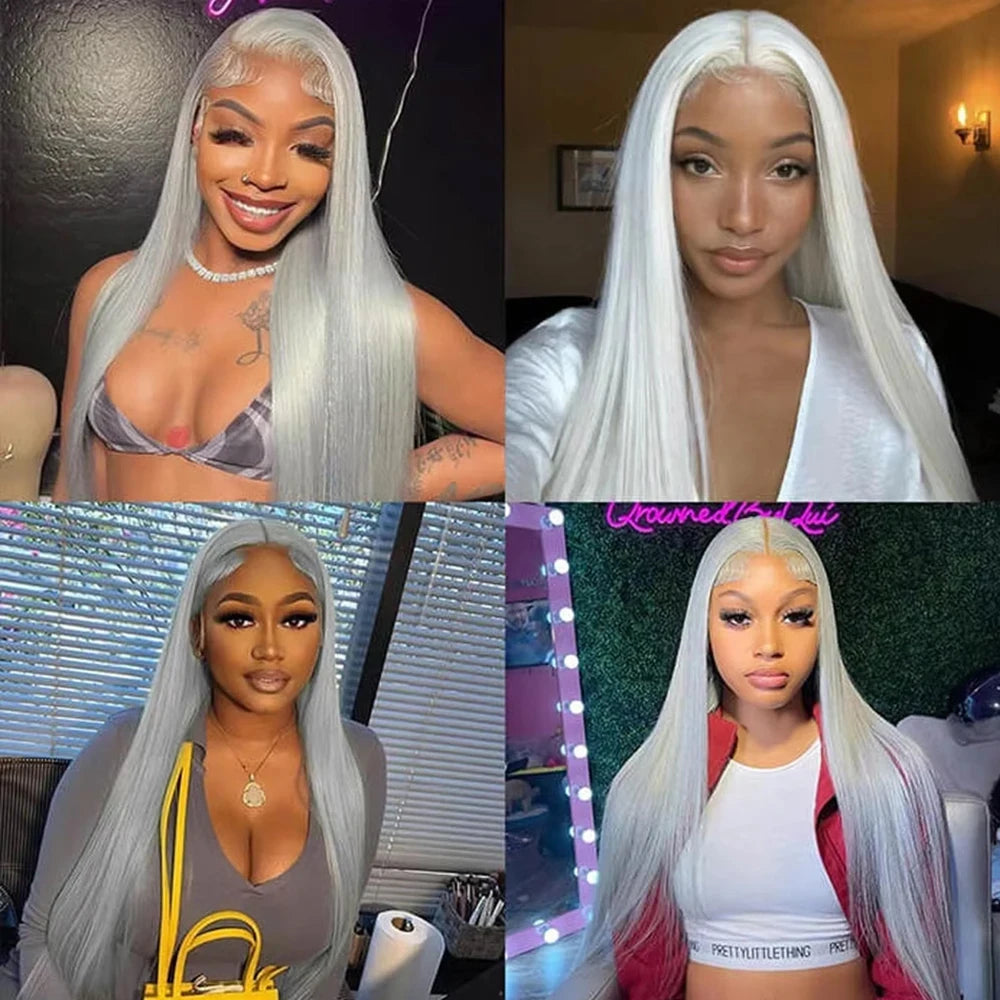 Silver Grey Straight Lace Front Human Hair Wig 40 Inches Colored HD Transparent 13x6 Lace Frontal Wig for Women Preplucked 250%