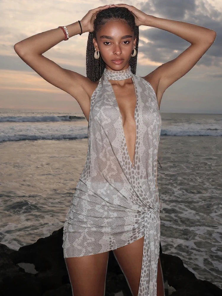 Weird Puss Snake Print Women Sexy Dress Y2K See Through Irregular Halter Ruched Backless Ribbon Beach Vacation Clubwear Bodycon