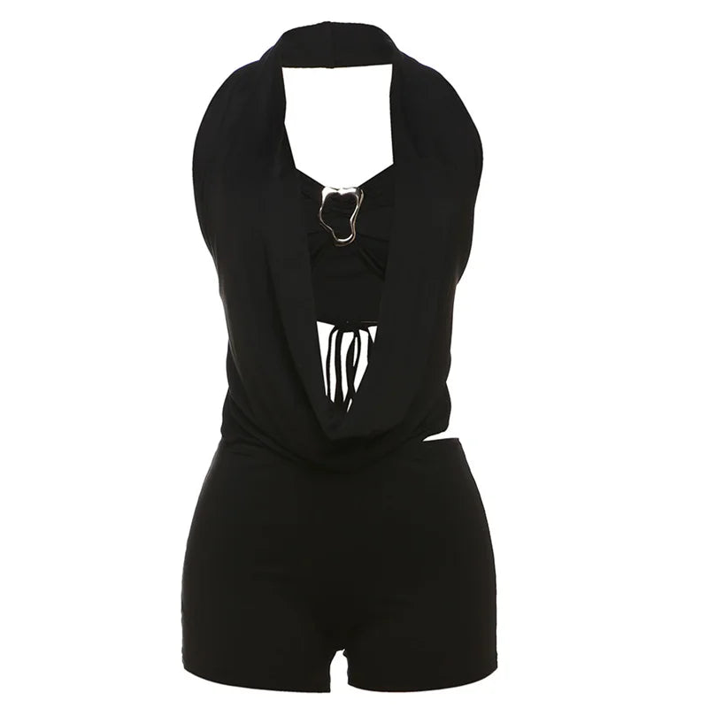 Weird Puss Sexy 2Piece Set Irregular Metal Rings Tube Tops+Bandage Halter Backless Swing Collar Playsuit Midnight Matching Suit