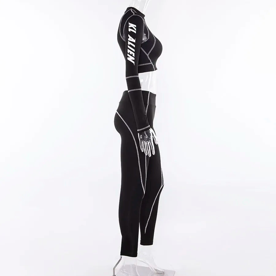 2Piece Set Fitness Full Sleeve Crop Top + Elastic Leggings