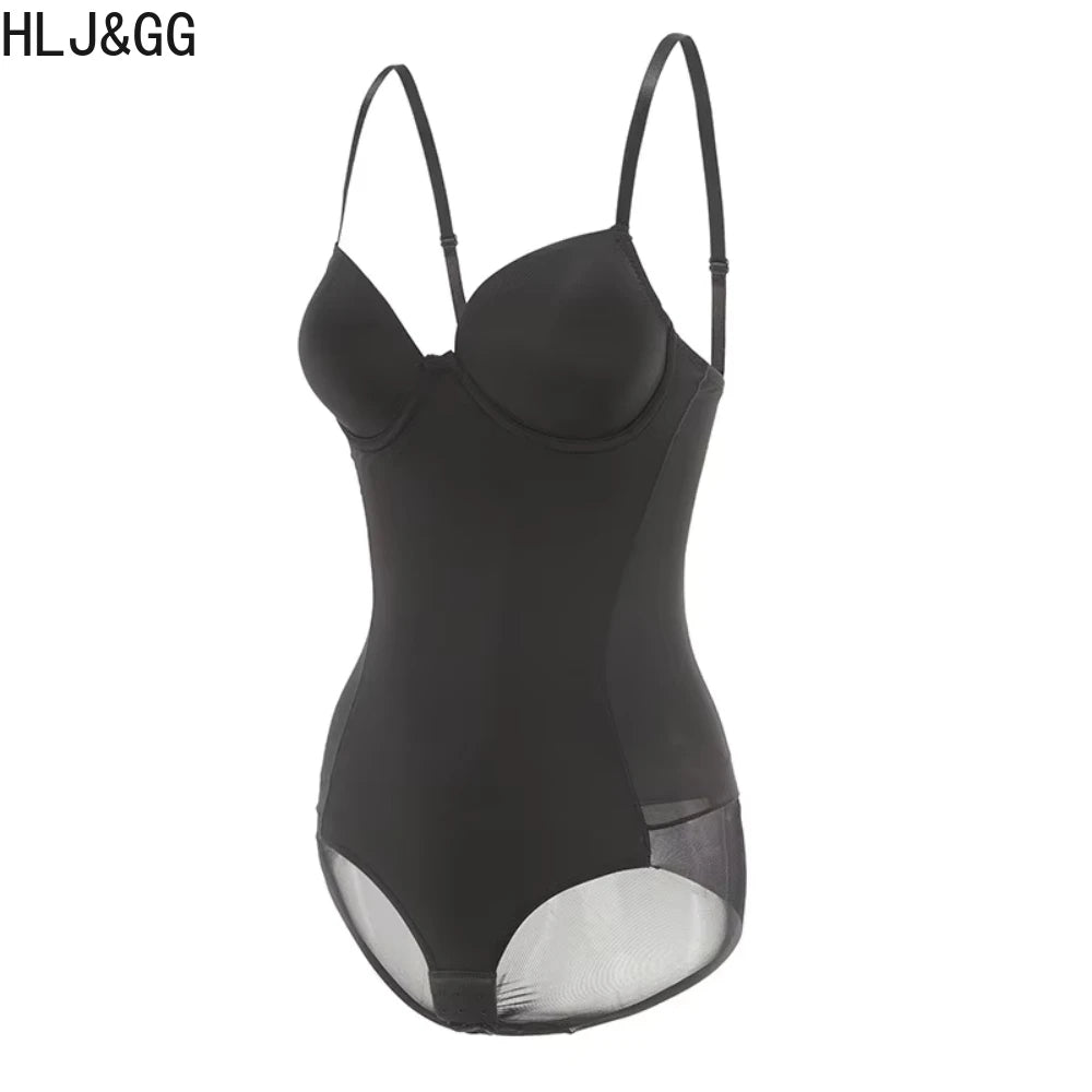 HLJ&GG Sexy High Quality Stretchy Solid One Piece Bodysuits Women V Neck Spaghetti Strap Slim Bodycon Rompers Fashion Jumsuits