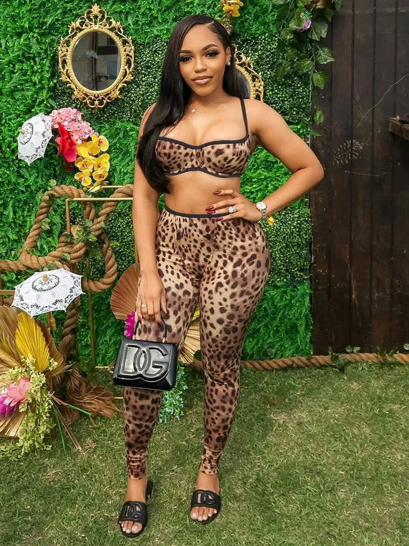 STYLISH LADY Leopard Printed Slim 2 Piece Set Women Spaghetti Strap Crop Top and Skinny Pant Suits 2025 Summer Nightclub Outfits