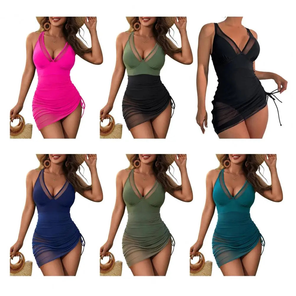 Women's Swimsuit Solid Color V Neck Tummy Control Swimwear Sexy Mesh Sheer Wrap Bathing Suit For Beach Vacation