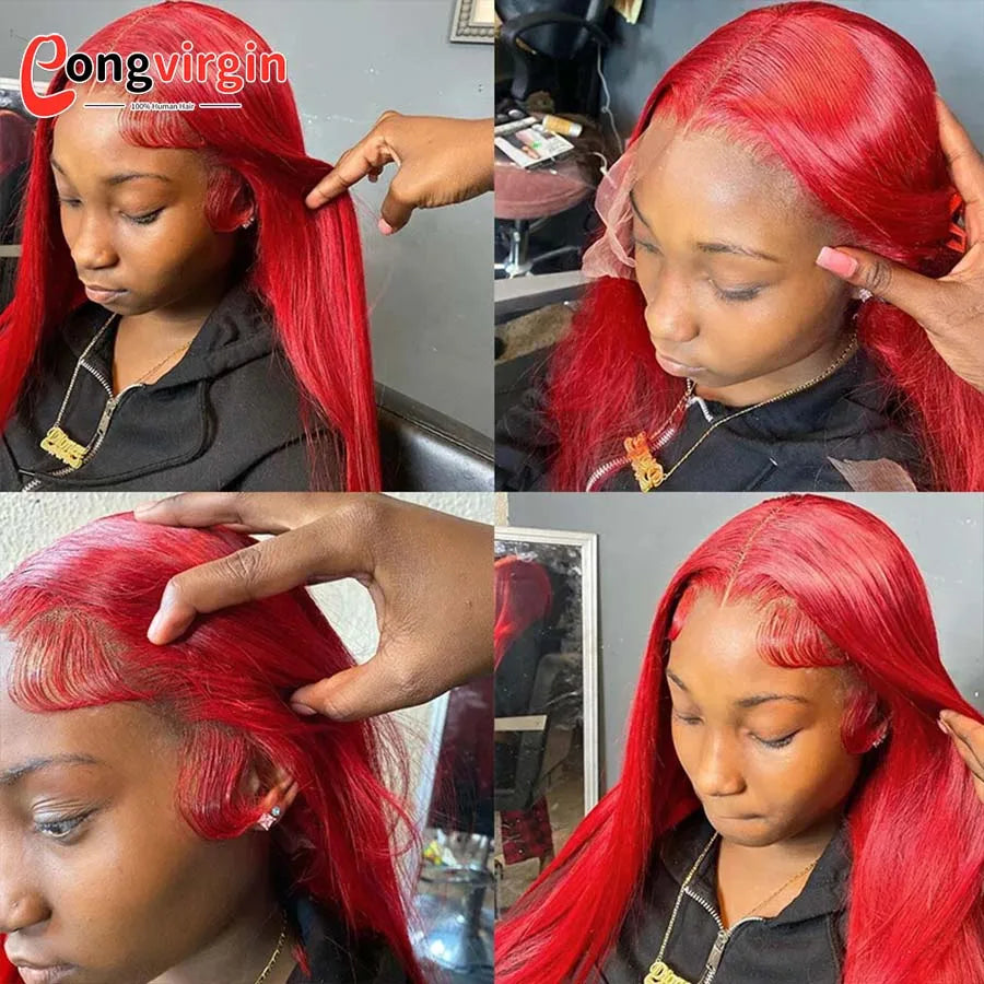 250% Hot Red 360 Full Lace Wig Human Hair Pre Plucked Hd Transparent Lace Front Wig 99J Bone Straight Lace Frontal Wig For Women