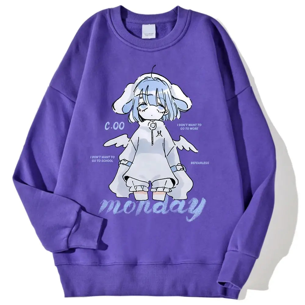 Harajuku Anime Girl Design Womens Sweatshirts Couples Kawaii Hoodie Comfortable Crewneck Clothes All-Match Fleece Streetwear