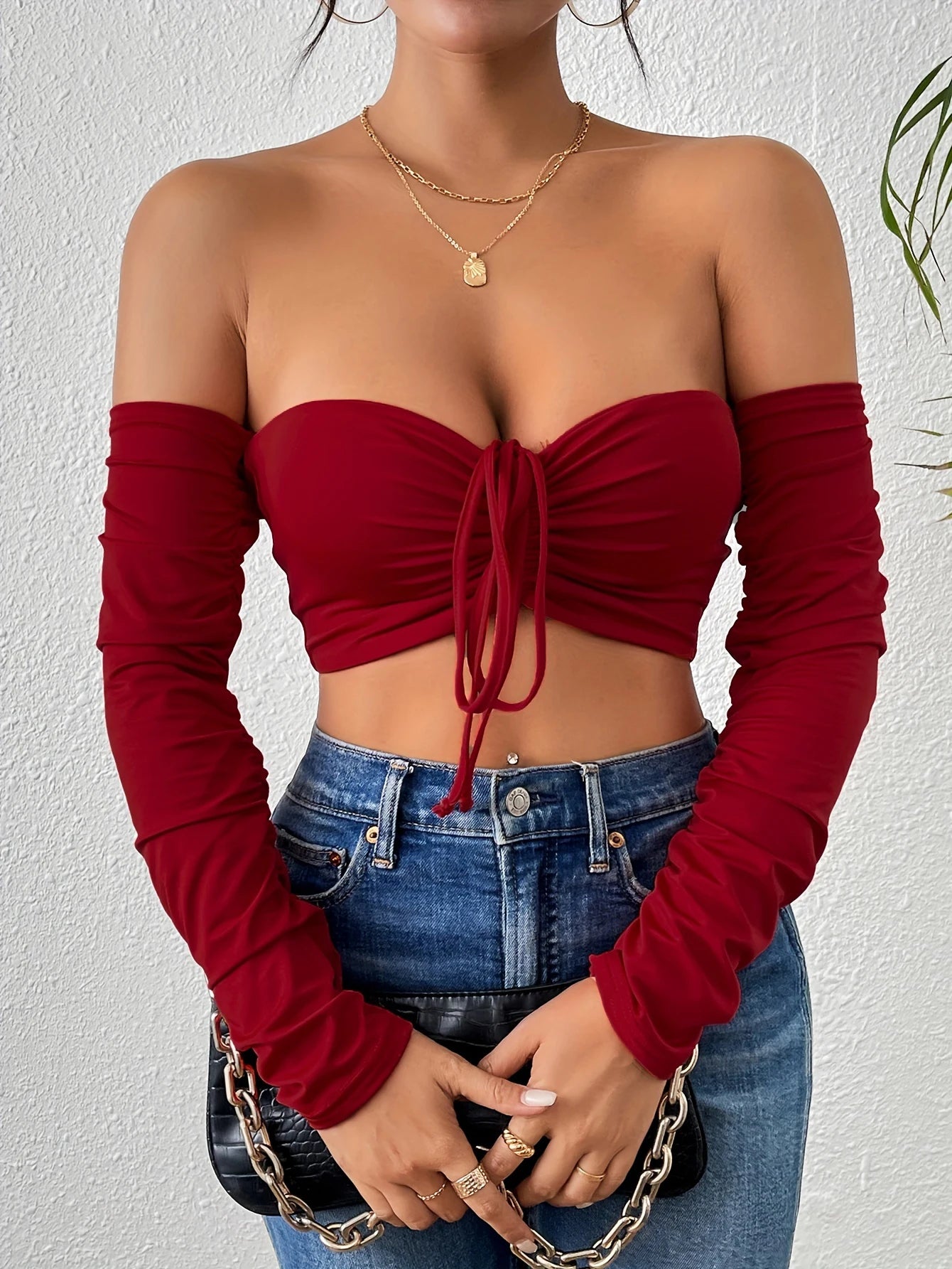 Sexy Ruched Crop T-Shirt - Off Shoulder, Long Sleeve, Drawstring Front, Flattering Fit, Clubwear, Night Out, Fashion Clot