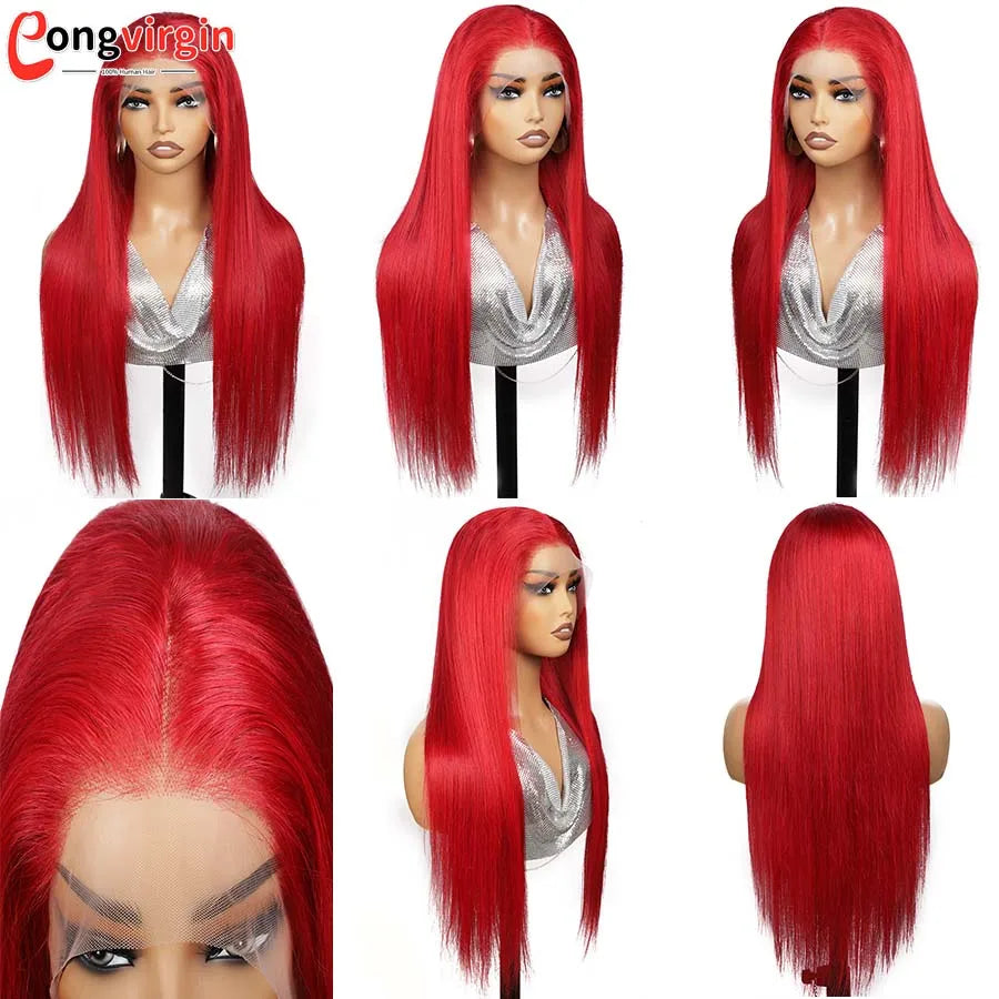 250% Hot Red 360 Full Lace Wig Human Hair Pre Plucked Hd Transparent Lace Front Wig 99J Bone Straight Lace Frontal Wig For Women
