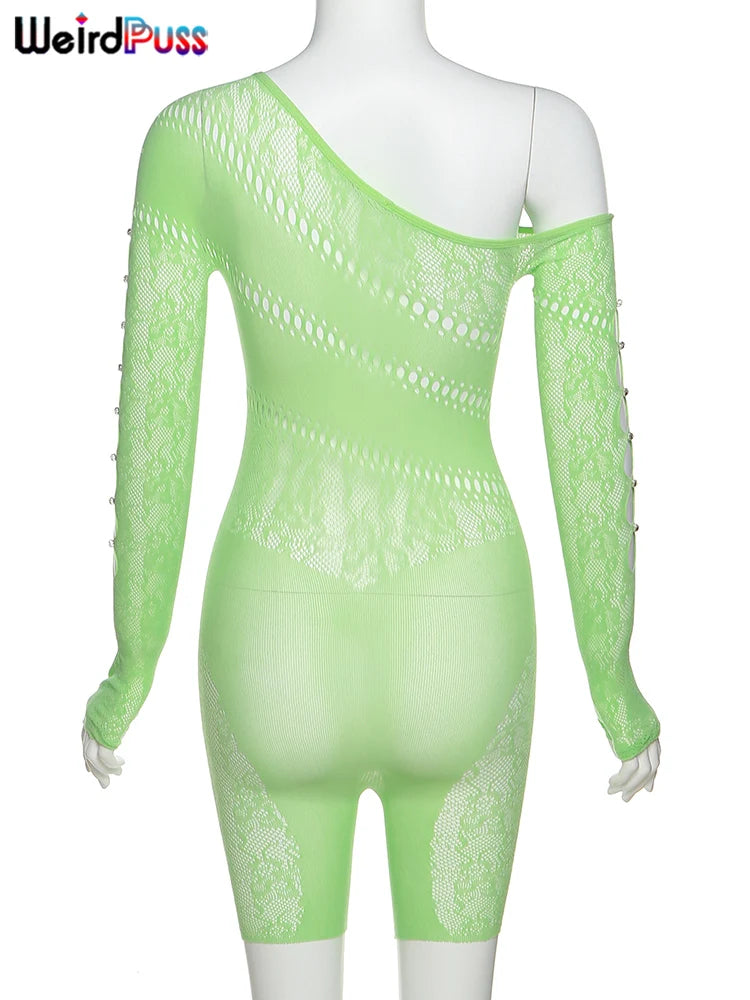 Weird Puss See Through Romper Women Sexy  Hollow Rhinestones Long Sleeve Skinny Irregular Off Shoulder Body-Shaping Playsuits