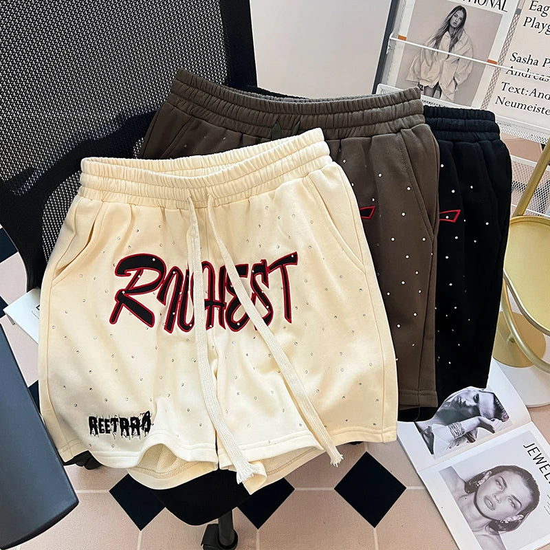Diamond Patch Embroidered Letter Logo Casual Shorts Loose Drawstring Shortpants Jorts for Men Women