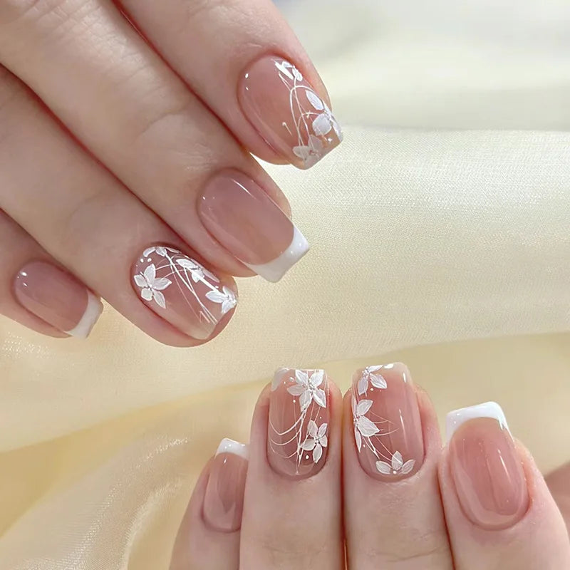 24pcs Blush Pink French Press On Nails Hand-painted White Flower Gold Ball Designs Fake Nail Short Square Korean False Nail Tips