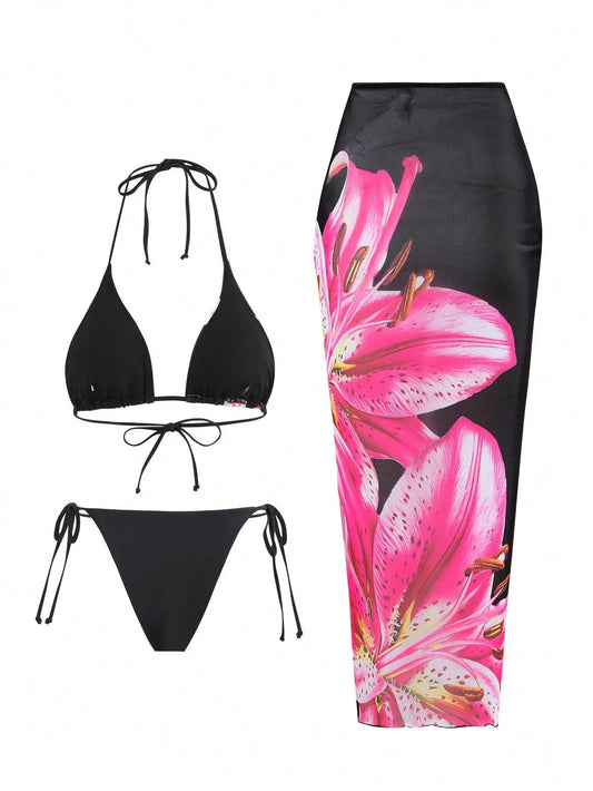 2025 New Flower Print Bikini Set Women's High Waist Long Skirt 3 Piece Swimsuit Sexy Mini Triangle Backless Thong Bathing Suit