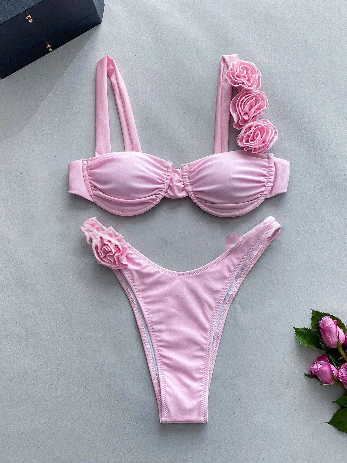 Sexy Solid Backless Floral Bikini  Set Women Split Swimsuit High Waist Beach Bikini 2025 New Summer Swimwea Bikinis Set