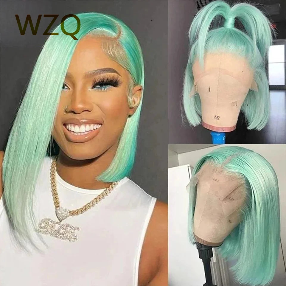 Straight Lace Front Wigs 180% HD Transparent Lace Frontal Wig Brazilian Remy Hair Wig 13x4 Mint Green Short Bob Wigs Human Hair