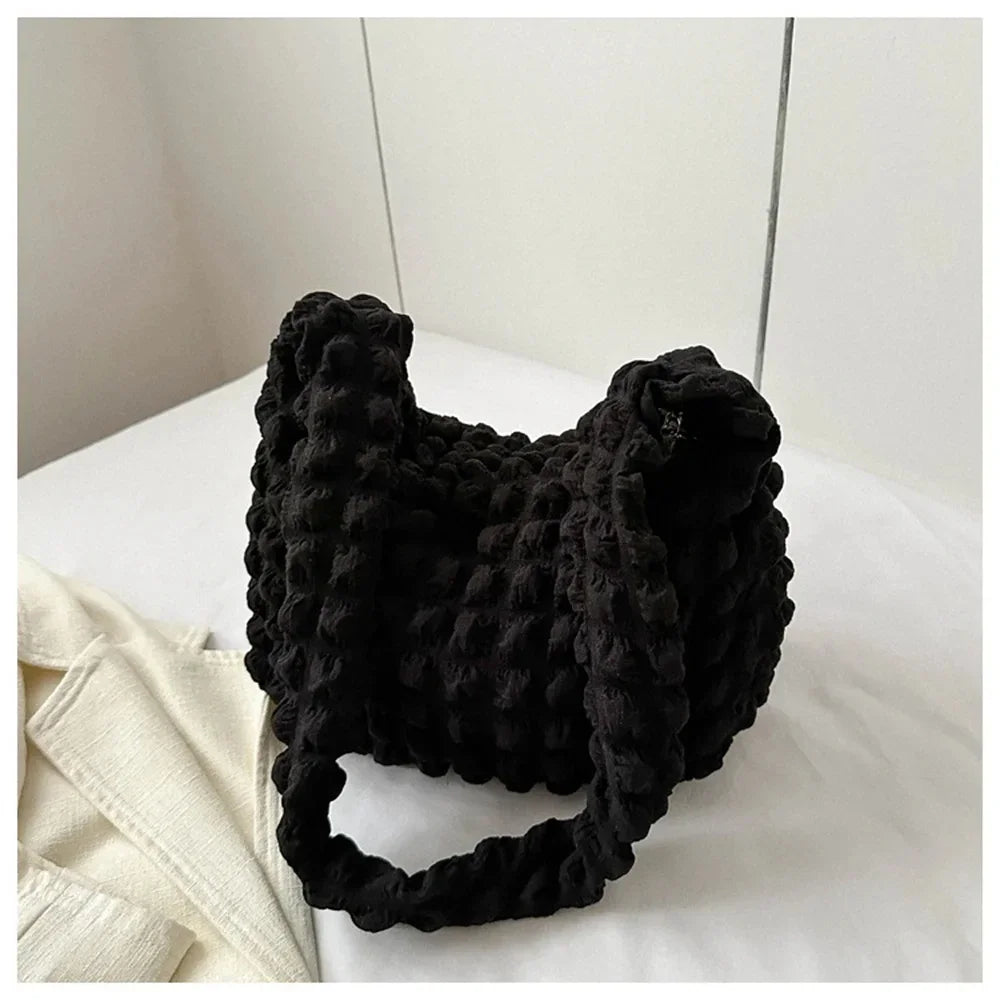 Pleated Embroidered Plaid Shoulder Bag – Crossbody & Underarm Bag, Stylish Large Capacity Quilted Tote for Women