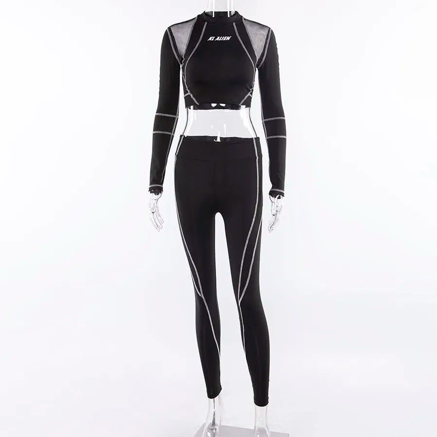 2Piece Set Fitness Full Sleeve Crop Top + Elastic Leggings