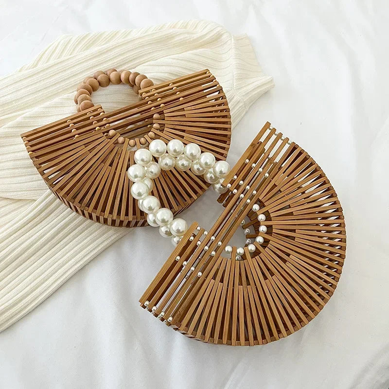Women's Hand - Woven Bamboo Bag | Bamboo Woven Basket Style, Beach Vacation Essential, Handheld Bucket Design