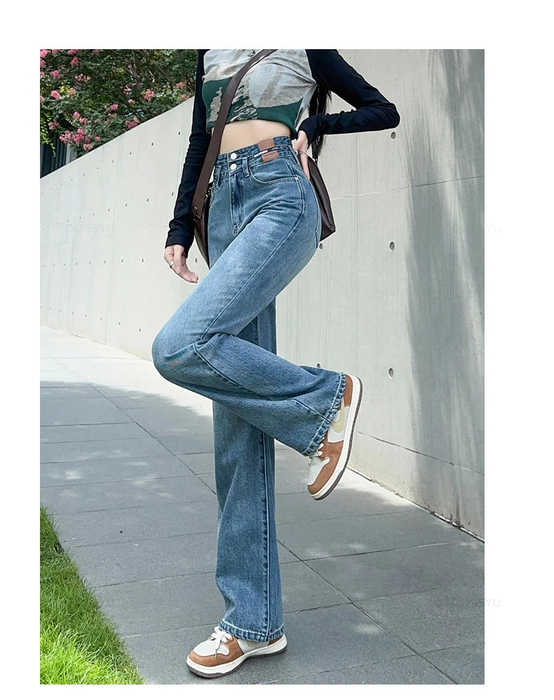OUSSYU Woman Jeans High Waist Straight Wide Leg Cotton  Clothing Blue Streetwear Vintage Fashion Harajuku Women Trousers