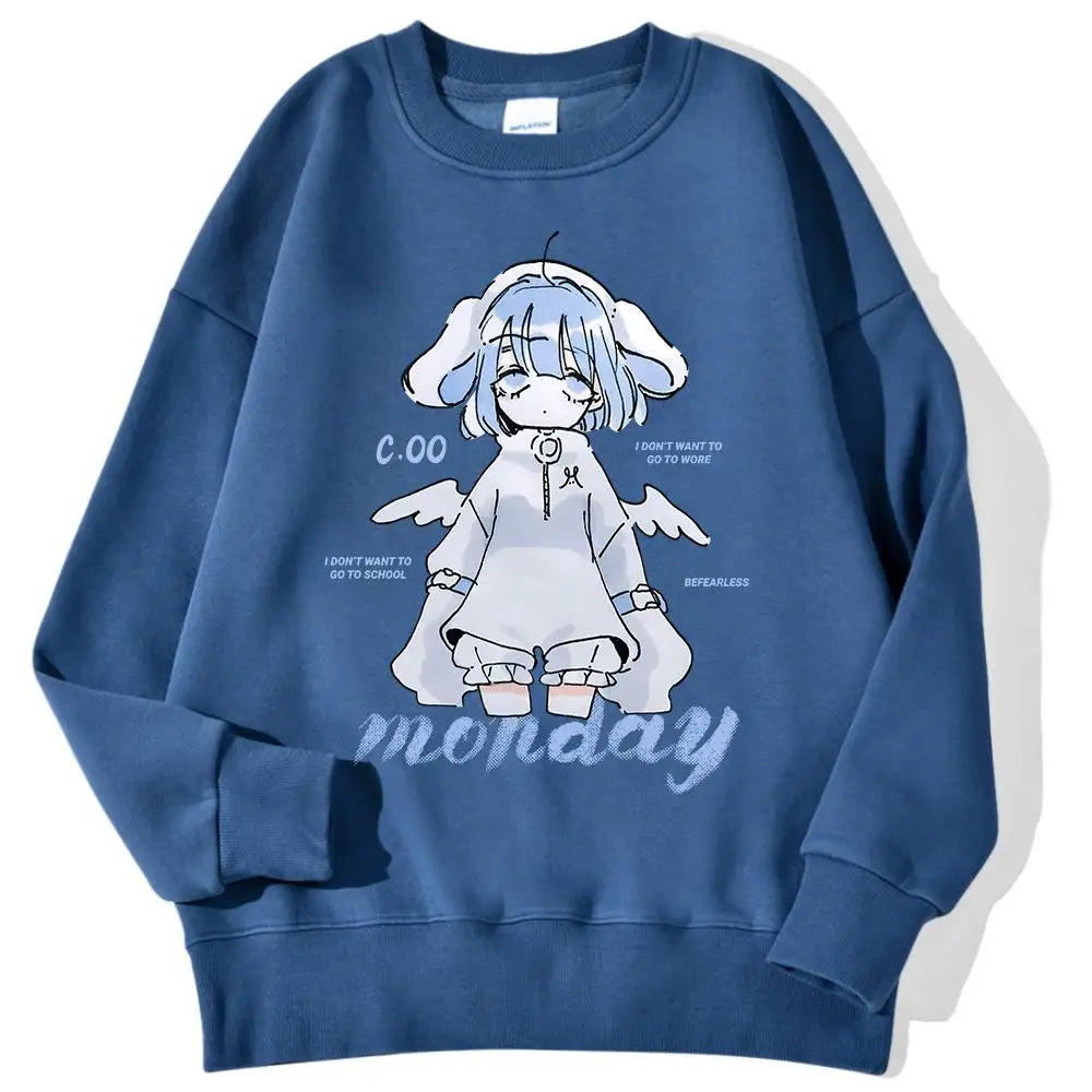 Harajuku Anime Girl Design Womens Sweatshirts Couples Kawaii Hoodie Comfortable Crewneck Clothes All-Match Fleece Streetwear