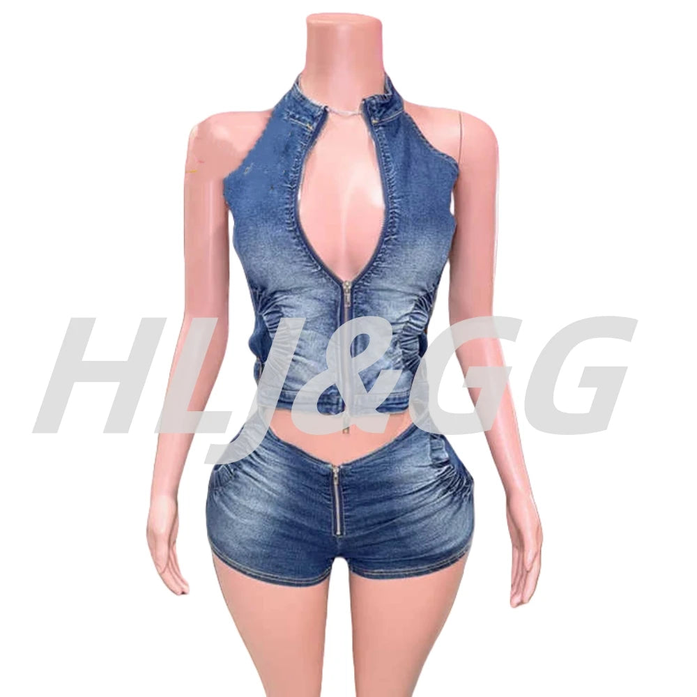 Blue Fashion jeans Halter Two Piece Sets Women Sleeveless, Backless Slim Crop Top And Skinny Jean Pants Outfits Streetwear
