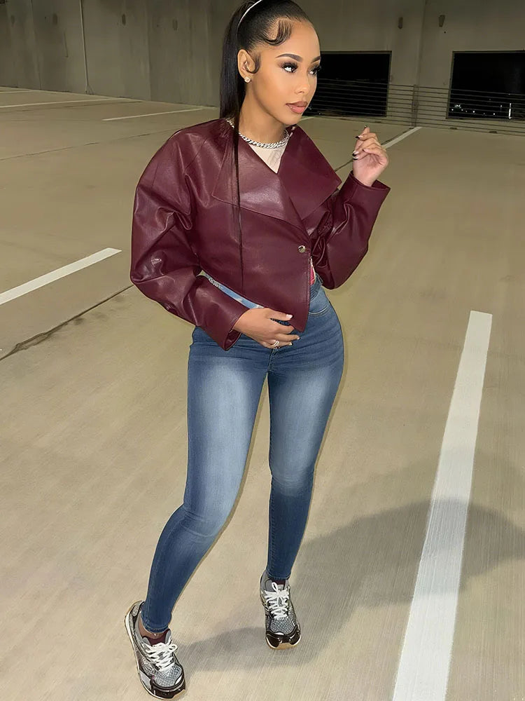 Weird Puss Single Button Crop Jacket Women Hipster Irregular Faux Leather Fall Trend Wild Basic Sexy Cross Neck Streetwear Coat