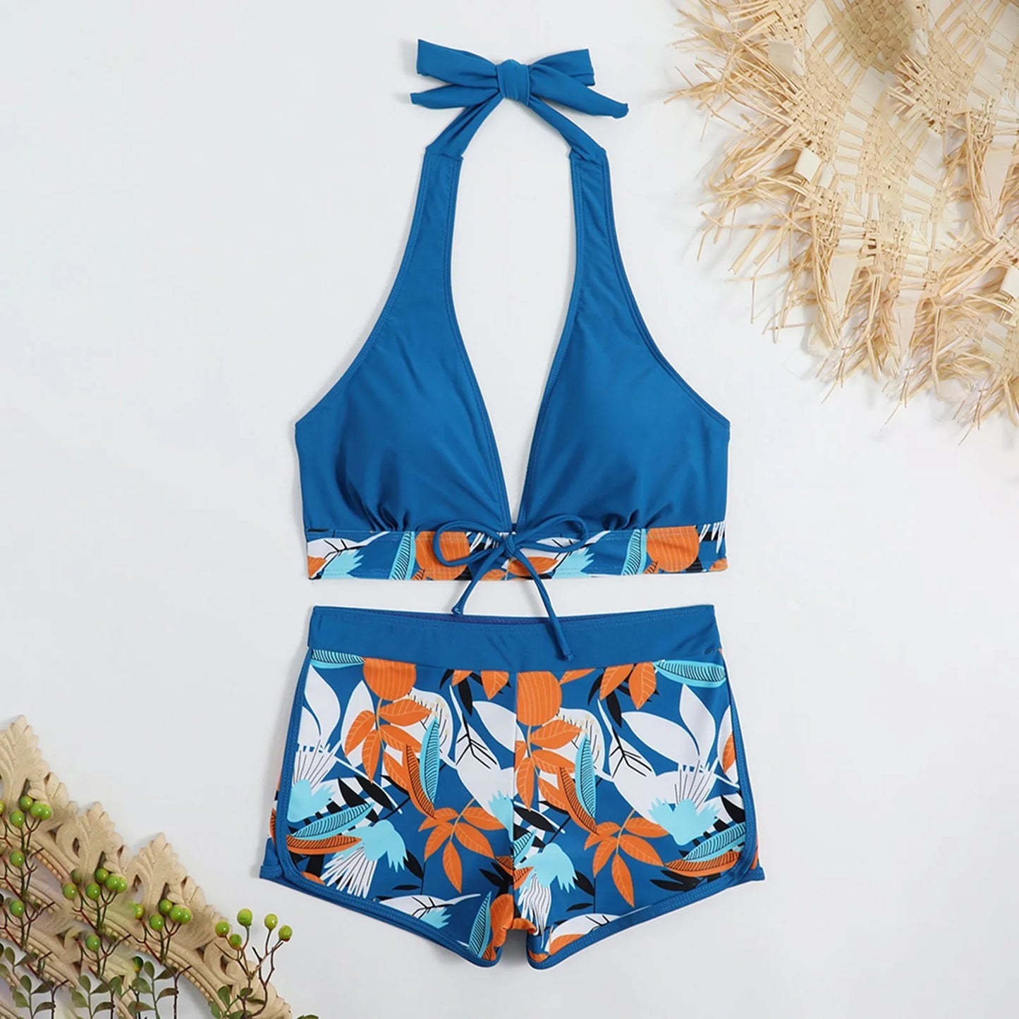 Shorts Bikinis Set  High Waist Swimsuit Women Swimwear  Plant Print Bathers Bathing Swim Suit Beachwear